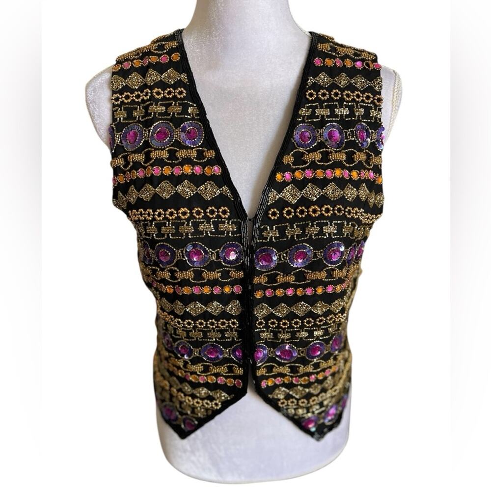 Vintage Niteline Della Sequin Beaded Notched Vest Top Glam size M Silk